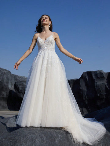 Women'S Sparkling Sequin Splicing Floor Length Wedding Cami Dress