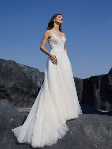 Women'S Sparkling Sequin Splicing Floor Length Wedding Cami Dress