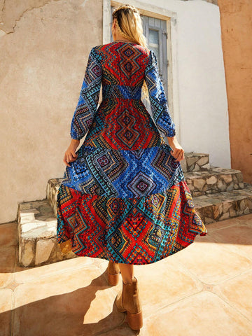 Women'S Spliced Geometric Printed Dress