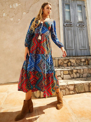 Women'S Spliced Geometric Printed Dress