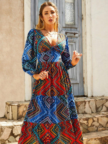 Women'S Spliced Geometric Printed Dress