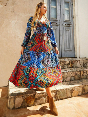Women'S Spliced Geometric Printed Dress