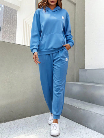 Women'S Spring & Autumn Casual Blue Hooded Sweatshirt And Sweatpants Set, Perfect For Family Matching Outfits (4 Sets Are Sold Separately)