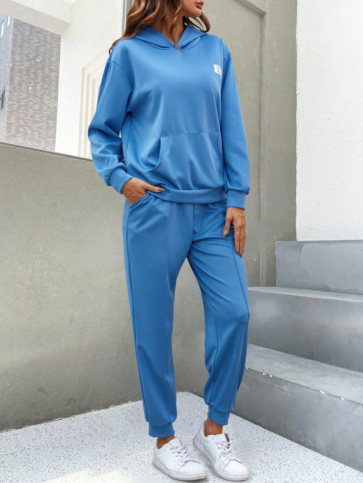 Women'S Spring & Autumn Casual Blue Hooded Sweatshirt And Sweatpants Set, Perfect For Family Matching Outfits (4 Sets Are Sold Separately)