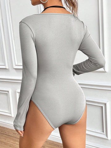 Women'S Square Collar Ribbed Long Sleeve Bodysuit