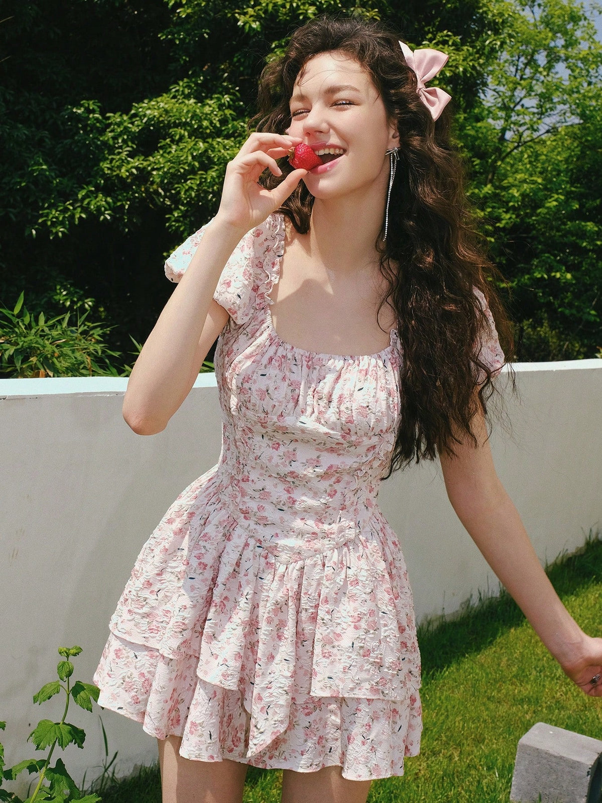 Women'S Square Neck Short Puff Sleeve Floral Print Dress