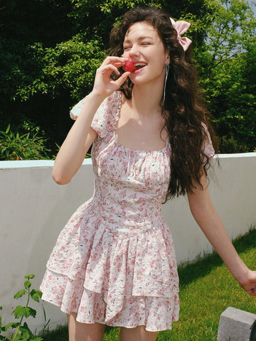 Women'S Square Neck Short Puff Sleeve Floral Print Dress