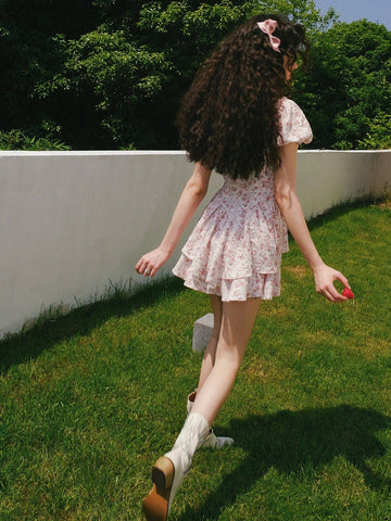 Women'S Square Neck Short Puff Sleeve Floral Print Dress