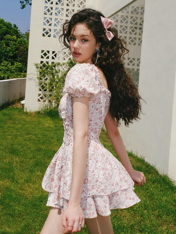 Women'S Square Neck Short Puff Sleeve Floral Print Dress