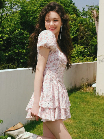 Women'S Square Neck Short Puff Sleeve Floral Print Dress