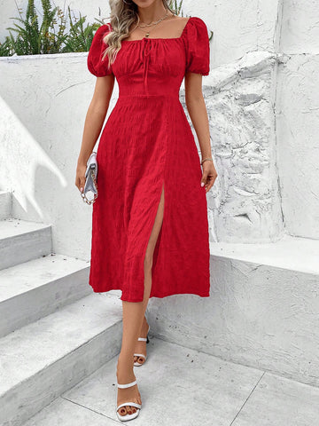 Women'S Square Neck Side Slit Hem Dress