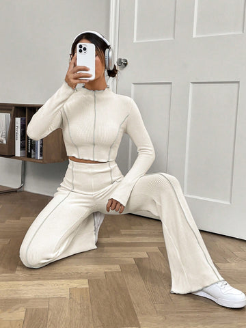 Women'S Stand Collar Ribbed T-Shirt And High Waist Flared Pants Two Piece Set