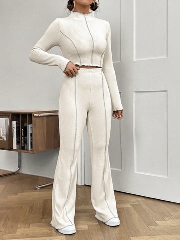 Women'S Stand Collar Ribbed T-Shirt And High Waist Flared Pants Two Piece Set