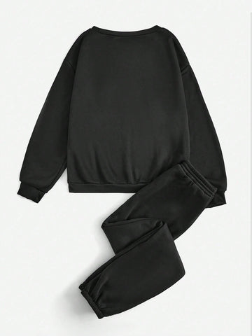 Women'S Star Printed Round Neck Sweatshirt & Sweatpants Set
