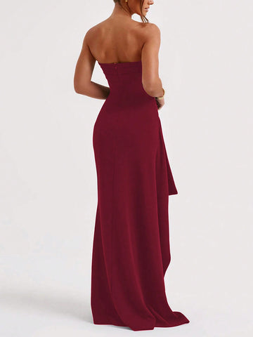 Women'S Strapless Bridesmaid Dress With High Slit And Ruffled Hem