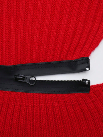 Women'S Strapless Dress With Zipper Detailing & Hollow Out Waist Design