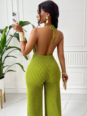 Women'S Stripe Texture Elegant Halter Neck With Hollow Out Metal Decorated Buckle Jumpsuit