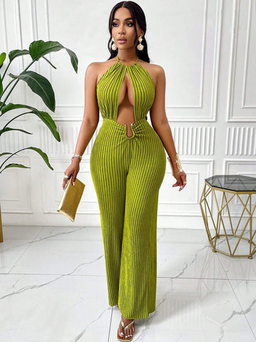 Women'S Stripe Texture Elegant Halter Neck With Hollow Out Metal Decorated Buckle Jumpsuit