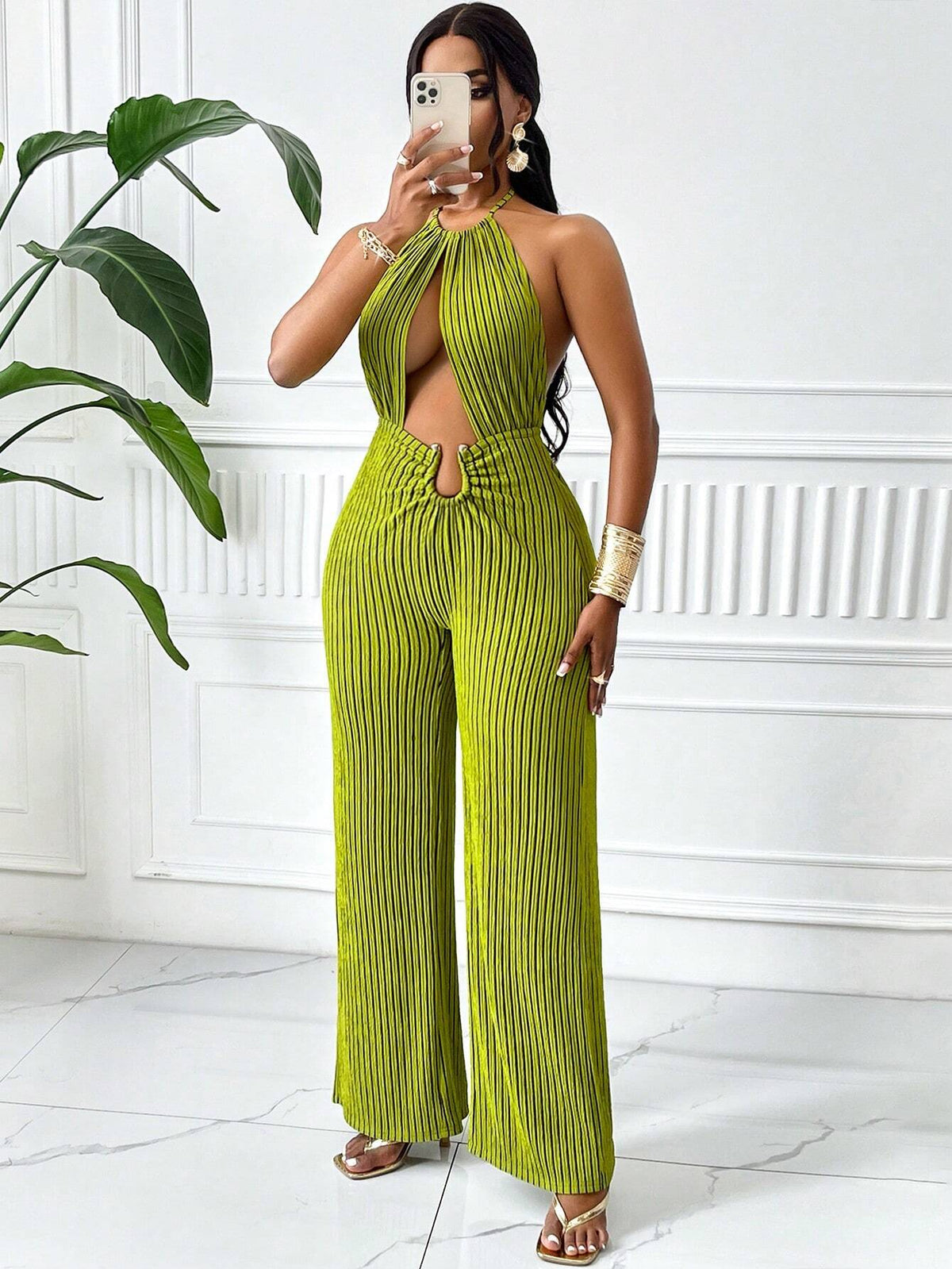 Women'S Stripe Texture Elegant Halter Neck With Hollow Out Metal Decorated Buckle Jumpsuit