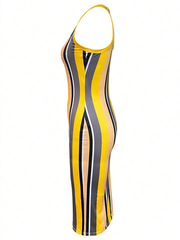 Women'S Striped Sleeveless Dress With Notch Collar