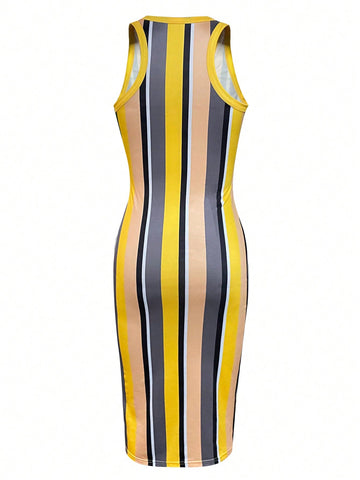 Women'S Striped Sleeveless Dress With Notch Collar