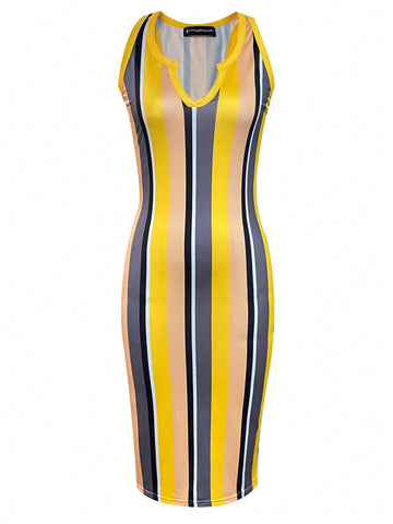 Women'S Striped Sleeveless Dress With Notch Collar