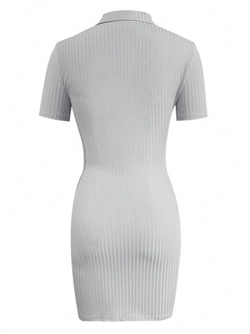 Women'S Turn-Down Collar Short Sleeve Bodycon Dress