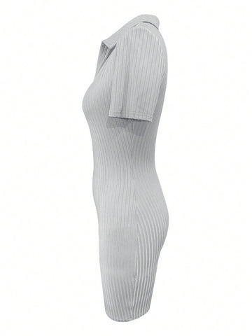 Women'S Turn-Down Collar Short Sleeve Bodycon Dress