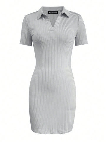 Women'S Turn-Down Collar Short Sleeve Bodycon Dress