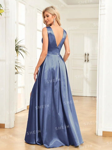 Women'S V-Neck High Slit Sleeveless Evening Dress (Heavy Duty Style)