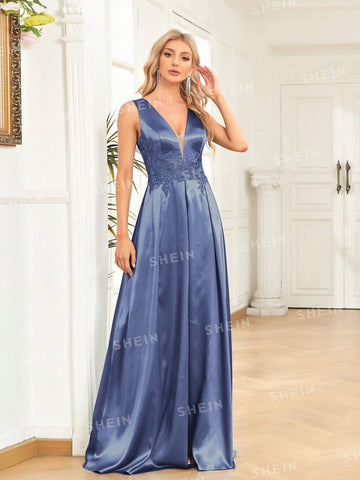 Women'S V-Neck High Slit Sleeveless Evening Dress (Heavy Duty Style)