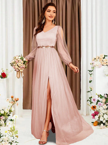 Women'S V-Neck Lantern Sleeve High Side Slit Bridesmaid Dress