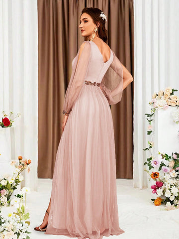 Women'S V-Neck Lantern Sleeve High Side Slit Bridesmaid Dress