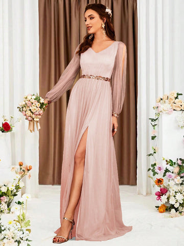 Women'S V-Neck Lantern Sleeve High Side Slit Bridesmaid Dress