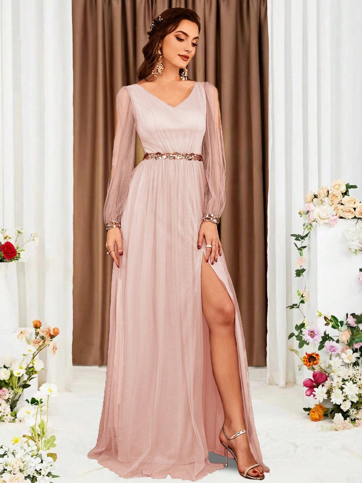 Women'S V-Neck Lantern Sleeve High Side Slit Bridesmaid Dress