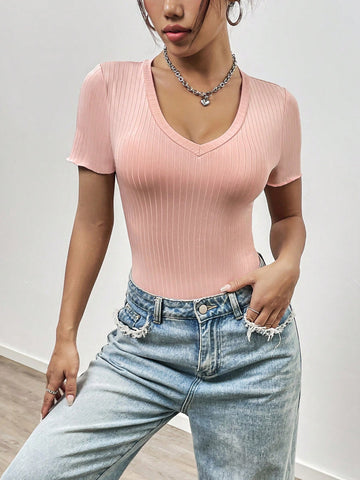 Women'S V-Neck Short Sleeve Bodysuit