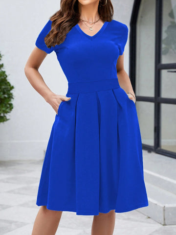 Women'S V Neck Cocktail Party Vintage Retro Swing Dress With Pockets