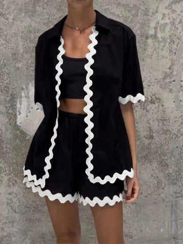 Women'S Woven Strap Patchwork Casual Two-Piece Set