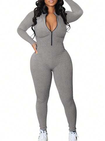 Women'S Zipper Closure High Neck Bodysuits With Skinny Pants
