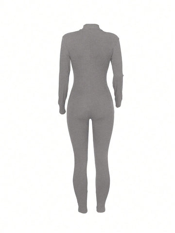 Women'S Zipper Closure High Neck Bodysuits With Skinny Pants