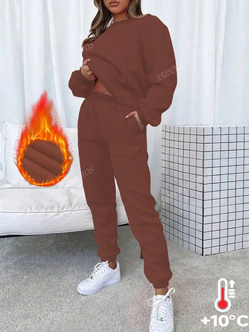 Women 2-Piece Casual Sports Set, Solid Color Fleece Pullover Top With Inserted Pockets & Drawstring Pants