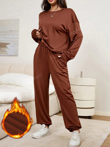 Women 2-Piece Casual Sports Set, Solid Color Fleece Pullover Top With Inserted Pockets & Drawstring Pants