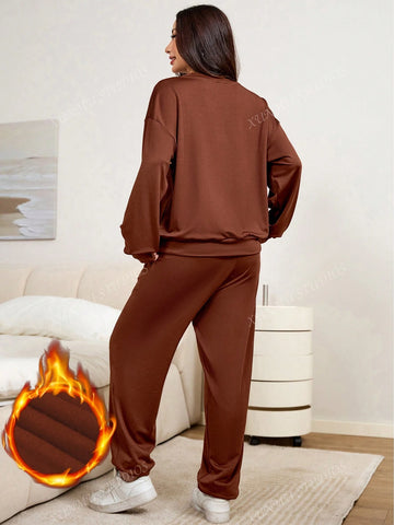 Women 2-Piece Casual Sports Set, Solid Color Fleece Pullover Top With Inserted Pockets & Drawstring Pants