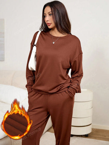 Women 2-Piece Casual Sports Set, Solid Color Fleece Pullover Top With Inserted Pockets & Drawstring Pants