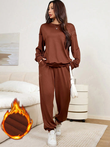 Women 2-Piece Casual Sports Set, Solid Color Fleece Pullover Top With Inserted Pockets & Drawstring Pants