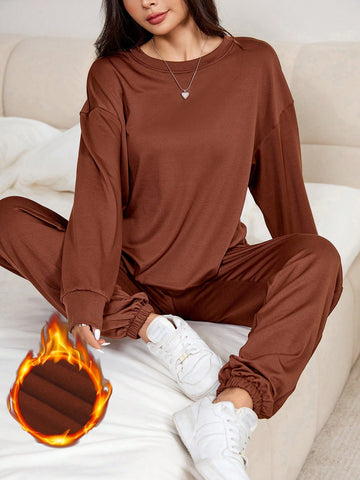 Women 2-Piece Casual Sports Set, Solid Color Fleece Pullover Top With Inserted Pockets & Drawstring Pants