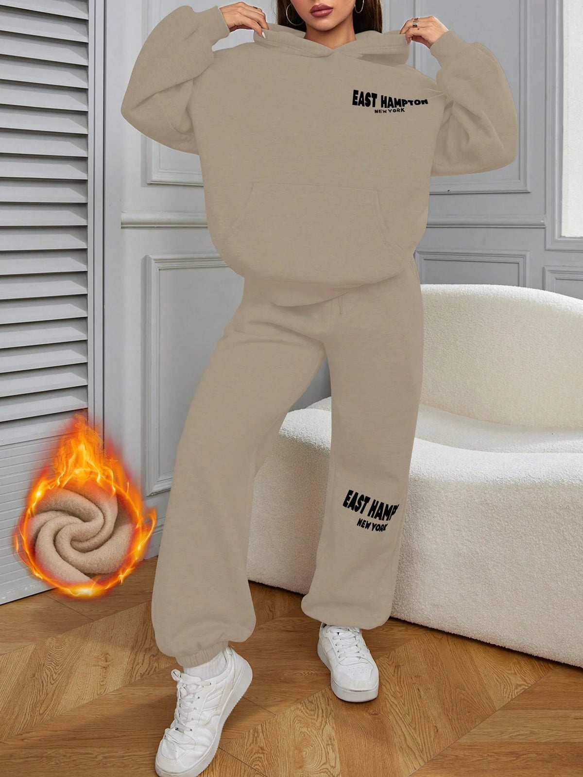 Women 2-Piece Set With Letter Print Hoodie And Casual Pants, Fleece Lined