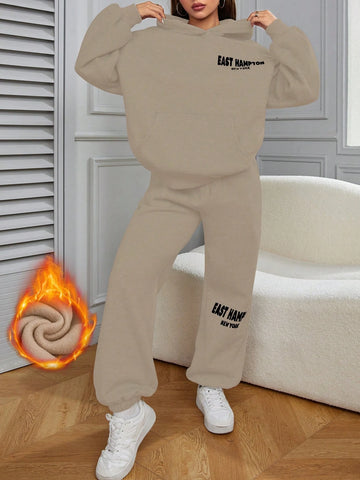 Women 2-Piece Set With Letter Print Hoodie And Casual Pants, Fleece Lined