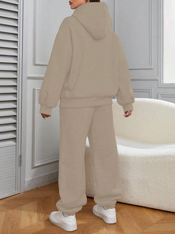 Women 2-Piece Set With Letter Print Hoodie And Casual Pants, Fleece Lined