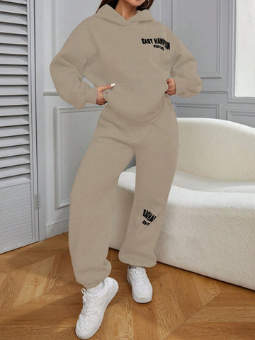Women 2-Piece Set With Letter Print Hoodie And Casual Pants, Fleece Lined